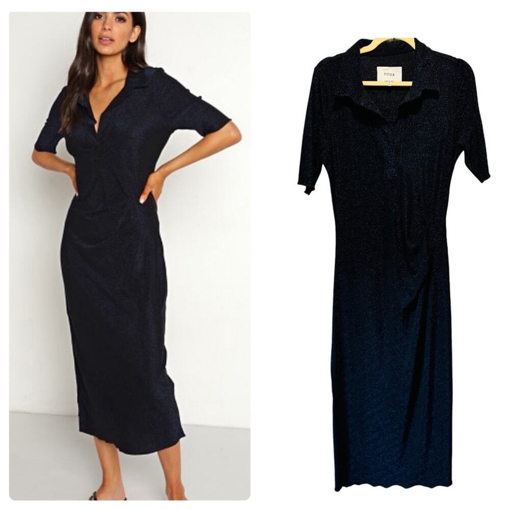 Pistola Navy Shimmer Stretch Front Draped Short Sleeve T-shirt V-neck Midi Dress